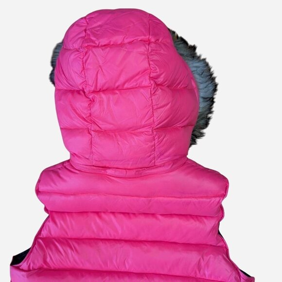 American Eagle Outfitters Feather Down Puffer Vest Pink Faux Fur Hood l‎ Small - Picture 4 of 8